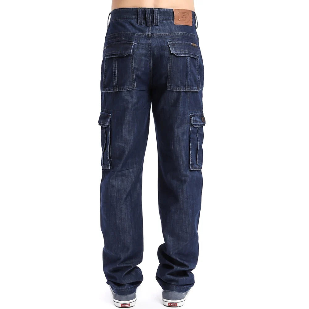 Mens Jeans Cargo Denim Pants Regular Loose Fit Multi Pockets Classic Washed Military Wear Big Size 38 40 42 V7A1J012