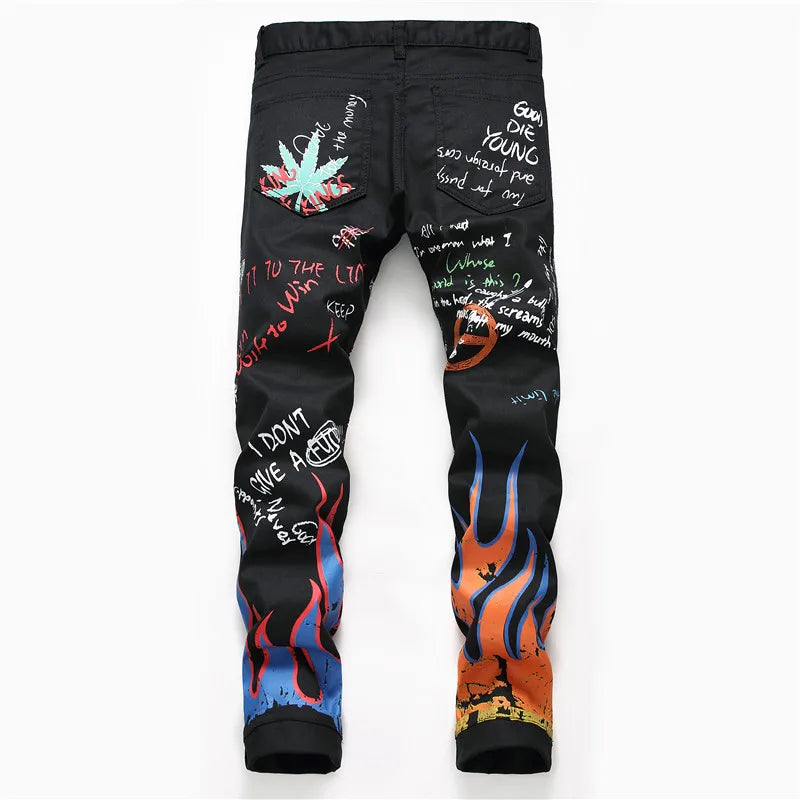 Men's Fashion Letters Flame Black Printed Jeans Slim Straight Colored Painted Stretch Pants