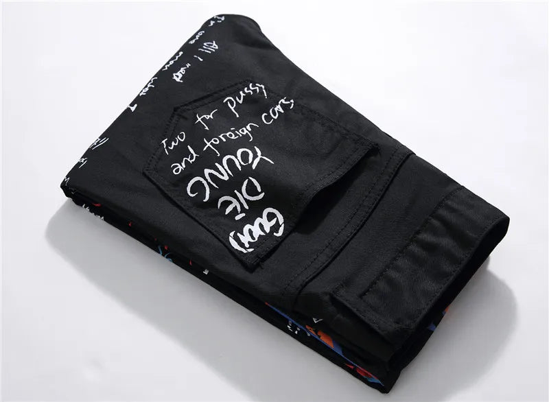 Men's Fashion Letters Flame Black Printed Jeans Slim Straight Colored Painted Stretch Pants