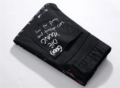 Men's Fashion Letters Flame Black Printed Jeans Slim Straight Colored Painted Stretch Pants