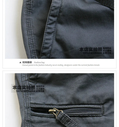 Male Shorts Multi Pocket Summer Loose Zipper Breeches Khaki Grey Plus Size Short Pant Casual Cotton Black Long Mens Cargo Shorts