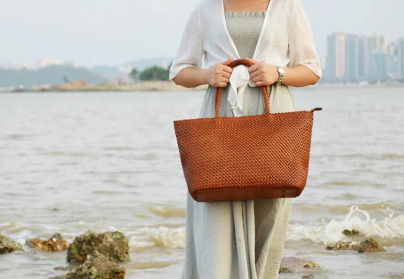 Women Leather Handbag Romantic Big Handmade Woven Totes Female Cowhide Big Holiday Bucket Bag Causal Beach Shoulder Handbags