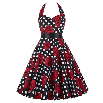 Sexy Retro White Polka Dot Dress Hepburn Vintage Halter Party Dress 50s 60s Pin Up Rockabilly Robe