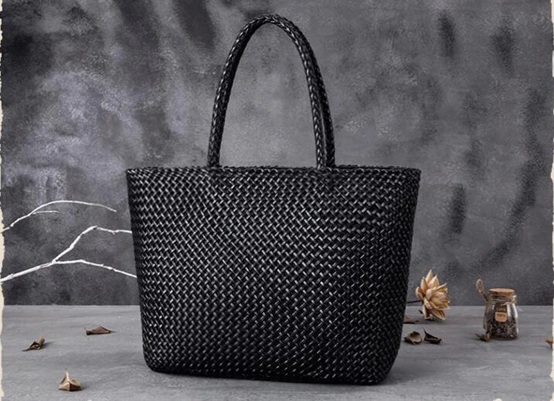 Women Leather Handbag Romantic Big Handmade Woven Totes Female Cowhide Big Holiday Bucket Bag Causal Beach Shoulder Handbags