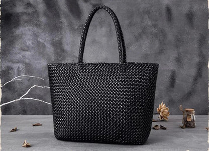 Women Leather Handbag Romantic Big Handmade Woven Totes Female Cowhide Big Holiday Bucket Bag Causal Beach Shoulder Handbags