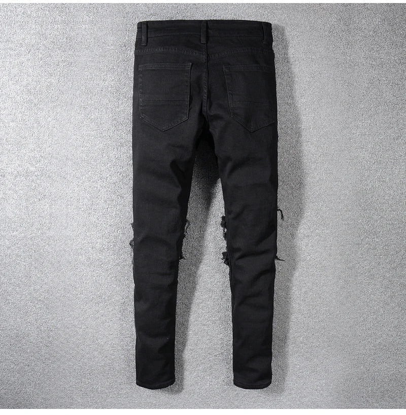 Sokotoo Men's Black Patchwork Stretch Denim Biker Jeans for Motorcycle Slim Fit Skinny Ripped Pencil Pants