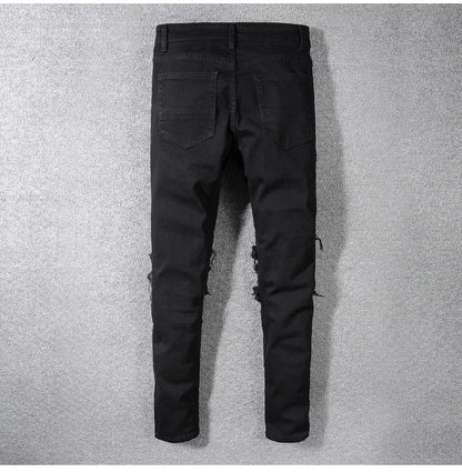 Sokotoo Men's Black Patchwork Stretch Denim Biker Jeans for Motorcycle Slim Fit Skinny Ripped Pencil Pants