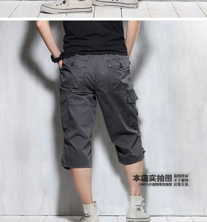 Male Shorts Multi Pocket Summer Loose Zipper Breeches Khaki Grey Plus Size Short Pant Casual Cotton Black Long Mens Cargo Shorts