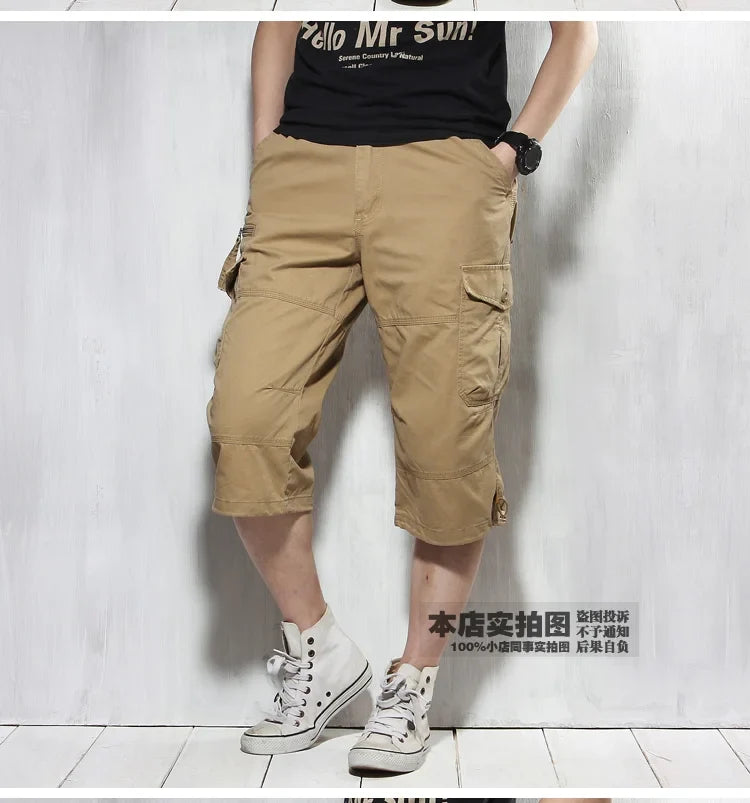 Male Shorts Multi Pocket Summer Loose Zipper Breeches Khaki Grey Plus Size Short Pant Casual Cotton Black Long Mens Cargo Shorts