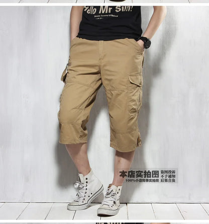 Male Shorts Multi Pocket Summer Loose Zipper Breeches Khaki Grey Plus Size Short Pant Casual Cotton Black Long Mens Cargo Shorts