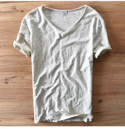 100% Cotton Short Sleeve V-Neck T Shirt Men Solid White Men T-Shirt Summer Comfortable and Breathable Soft Tshirt Mens Camiseta