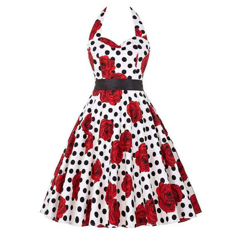 Sexy Retro White Polka Dot Dress Hepburn Vintage Halter Party Dress 50s 60s Pin Up Rockabilly Robe