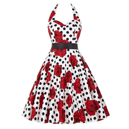 Sexy Retro White Polka Dot Dress Hepburn Vintage Halter Party Dress 50s 60s Pin Up Rockabilly Robe