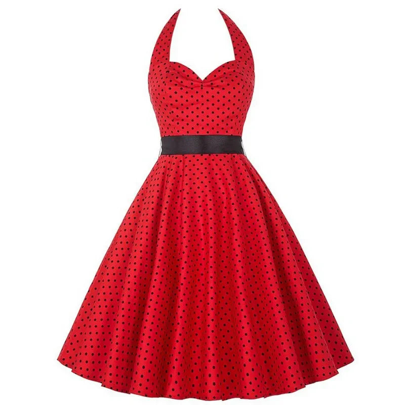 Sexy Retro White Polka Dot Dress Hepburn Vintage Halter Party Dress 50s 60s Pin Up Rockabilly Robe