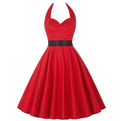 Sexy Retro White Polka Dot Dress Hepburn Vintage Halter Party Dress 50s 60s Pin Up Rockabilly Robe
