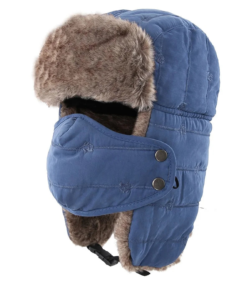Men's Warm Chunky Trapper Hat Removable Windproof Winter Russian Hats with Mask Ushanka Hat