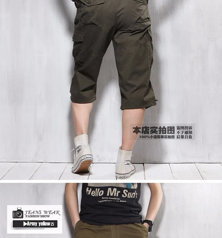 Male Shorts Multi Pocket Summer Loose Zipper Breeches Khaki Grey Plus Size Short Pant Casual Cotton Black Long Mens Cargo Shorts