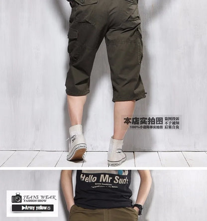 Male Shorts Multi Pocket Summer Loose Zipper Breeches Khaki Grey Plus Size Short Pant Casual Cotton Black Long Mens Cargo Shorts