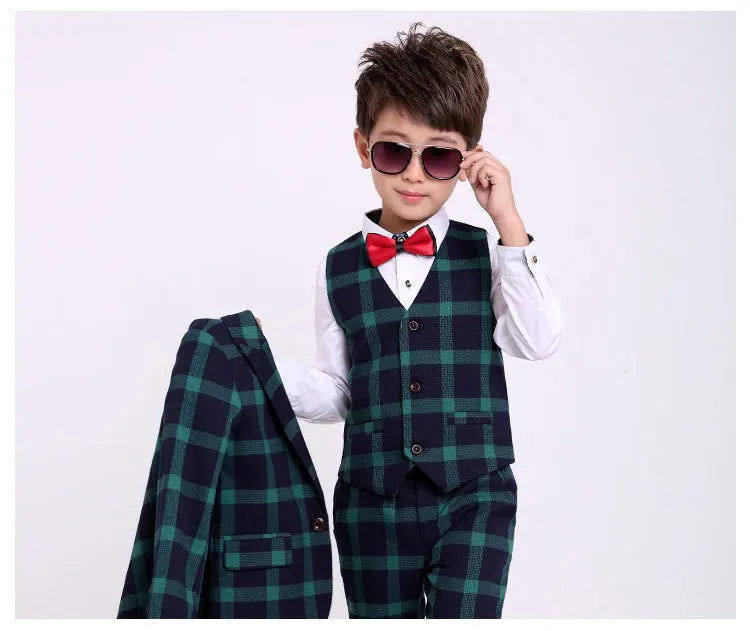 Flower Boys Formal School Suits for Weddings Boys Brand Plaid Blazer Vest Pants 3pcs Tuxedo Kids Prom Party Dress Clothing Sets
