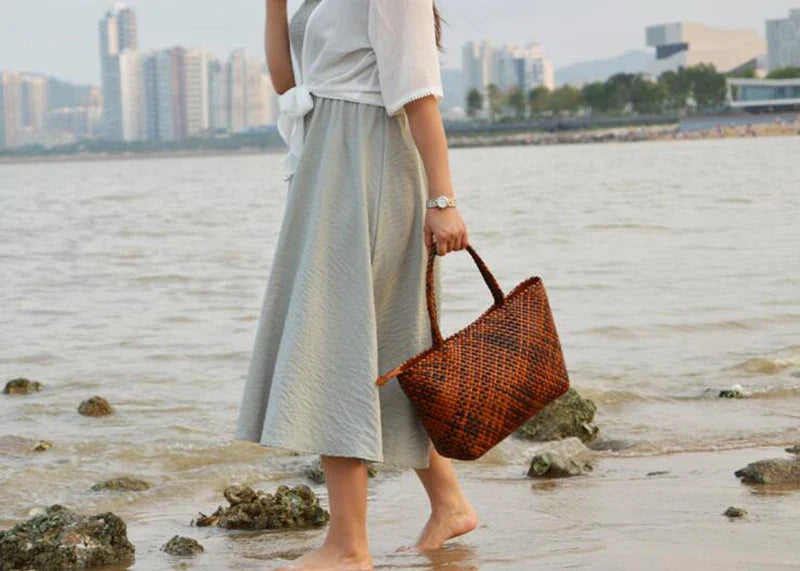 Women Leather Handbag Romantic Big Handmade Woven Totes Female Cowhide Big Holiday Bucket Bag Causal Beach Shoulder Handbags