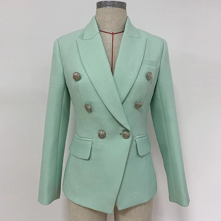 HIGH STREET 2026 Classic Baroque Designer Jacket Women's Metal Lion Buttons Double Breasted Textured Blazer Mint Green