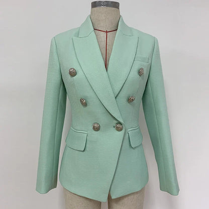 HIGH STREET 2026 Classic Baroque Designer Jacket Women's Metal Lion Buttons Double Breasted Textured Blazer Mint Green