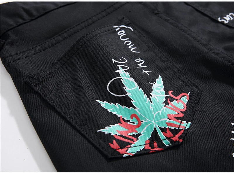 Men's Fashion Letters Flame Black Printed Jeans Slim Straight Colored Painted Stretch Pants