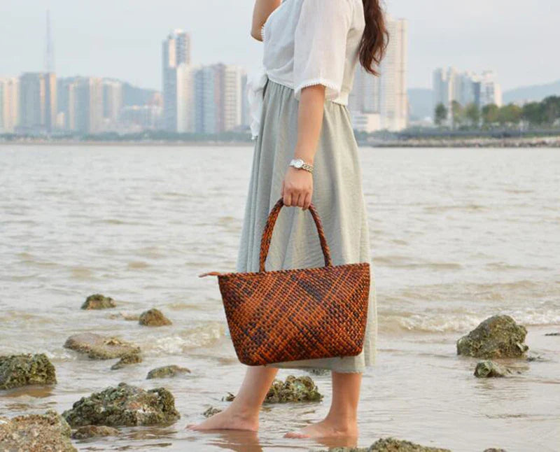Women Leather Handbag Romantic Big Handmade Woven Totes Female Cowhide Big Holiday Bucket Bag Causal Beach Shoulder Handbags