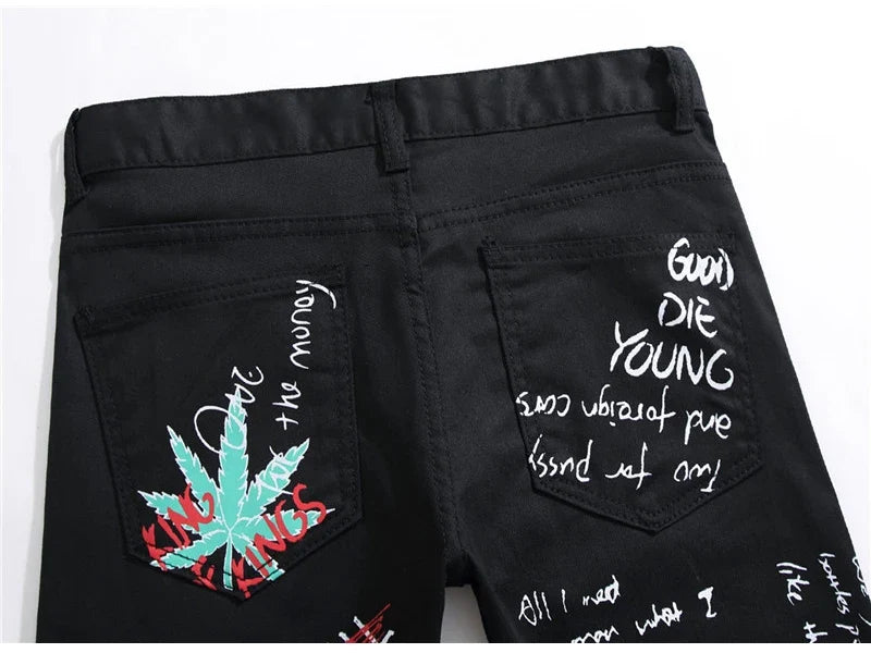Men's Fashion Letters Flame Black Printed Jeans Slim Straight Colored Painted Stretch Pants