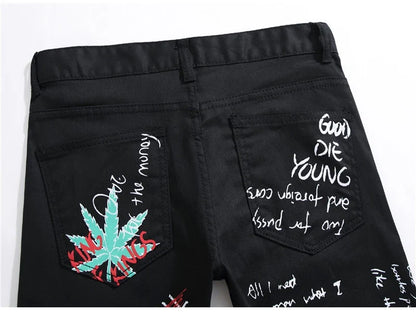 Men's Fashion Letters Flame Black Printed Jeans Slim Straight Colored Painted Stretch Pants