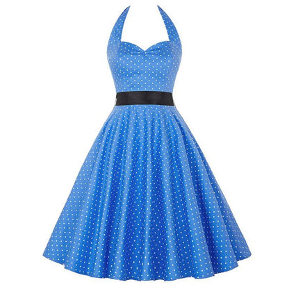Sexy Retro White Polka Dot Dress Hepburn Vintage Halter Party Dress 50s 60s Pin Up Rockabilly Robe