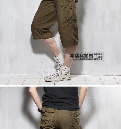 Male Shorts Multi Pocket Summer Loose Zipper Breeches Khaki Grey Plus Size Short Pant Casual Cotton Black Long Mens Cargo Shorts