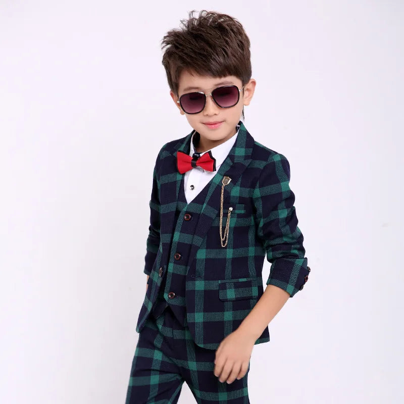 Flower Boys Formal School Suits for Weddings Boys Brand Plaid Blazer Vest Pants 3pcs Tuxedo Kids Prom Party Dress Clothing Sets