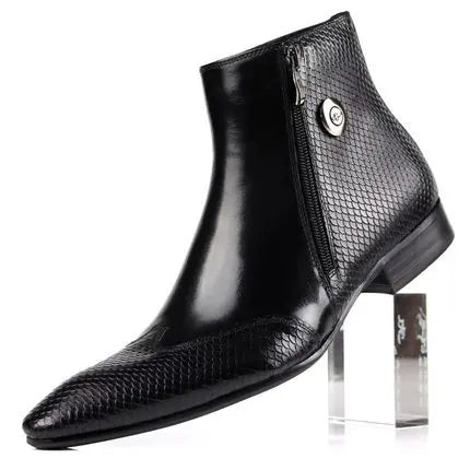 PJCMG New Cowhide Pointed Toe Genuine Leather Fashion Men's Zipper Work Bullock Patterns Oxford Dress Shoes For Men Boots