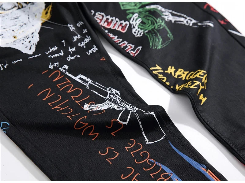 Men's Fashion Letters Flame Black Printed Jeans Slim Straight Colored Painted Stretch Pants