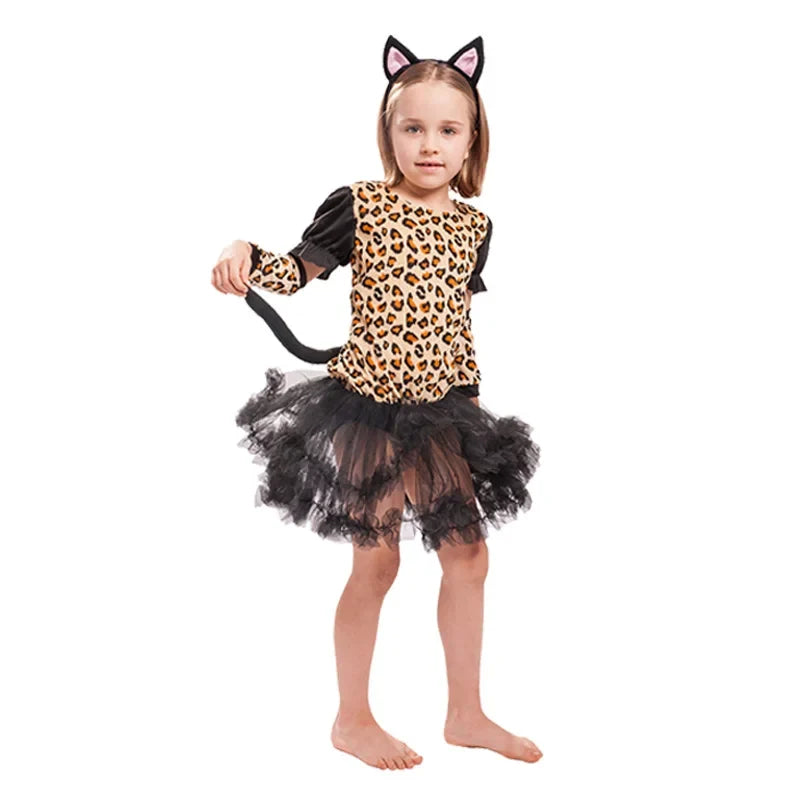 Cute Cartoon Animal Cosplay Girls Tiger Leopard Dress Halloween costume for Girl Christmas Carnival Outfit Headband