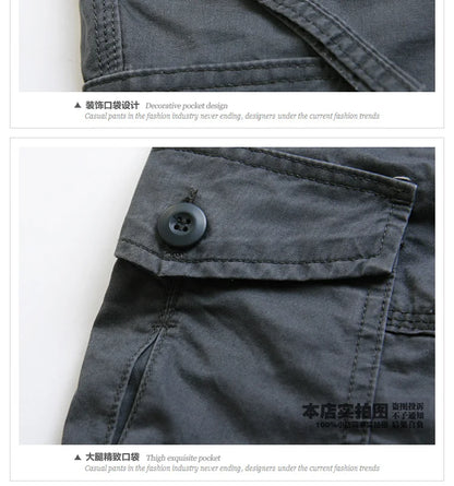 Male Shorts Multi Pocket Summer Loose Zipper Breeches Khaki Grey Plus Size Short Pant Casual Cotton Black Long Mens Cargo Shorts