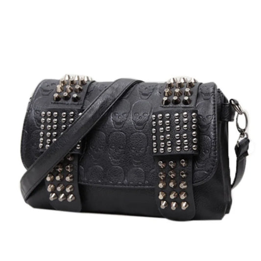 Women Black Leather Messenger Bags Single Skull Rivet Shoulder Bags Sac A Main Bolsa Black Vintage Sexy Bag Lady Drop