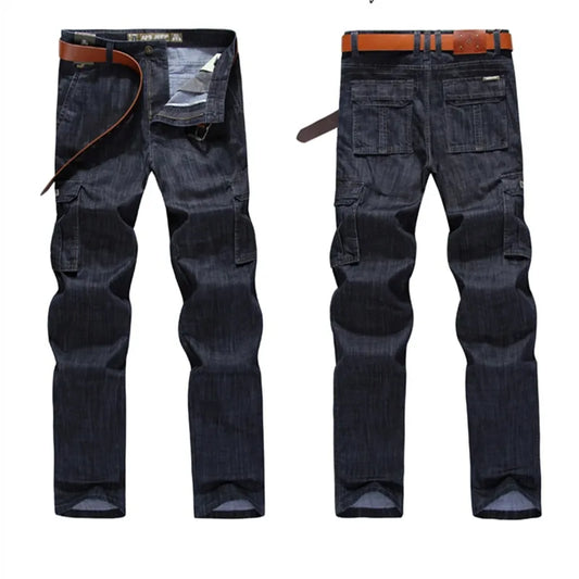 Men's Military Jeans Pants Workwear Multi-Pockets Cargo Jeans Straight Motorcycle Denim Pants Casual Biker Long Trousers