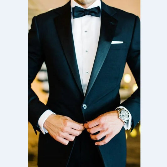 Custom Made Groomsmen Notch Satin Lapel Groom Tuxedos Black Men Suits Wedding Best Man 2 Pieces ( Jacket + Pants + Bow Tie) B859