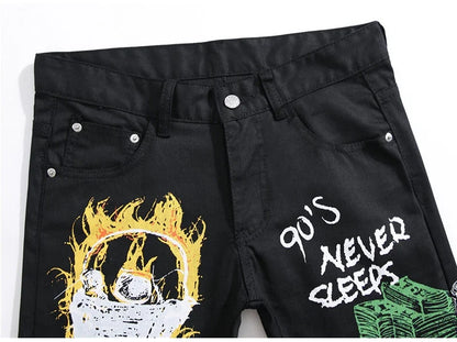 Men's Fashion Letters Flame Black Printed Jeans Slim Straight Colored Painted Stretch Pants