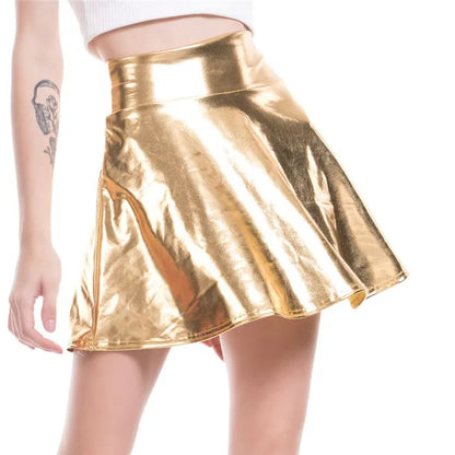 PU Shiny Metallic Color Sexy Bodycon Mini Skirts Women High Waist A-line Flare Skirt New Fashion Summer Streetwear Short Skirts