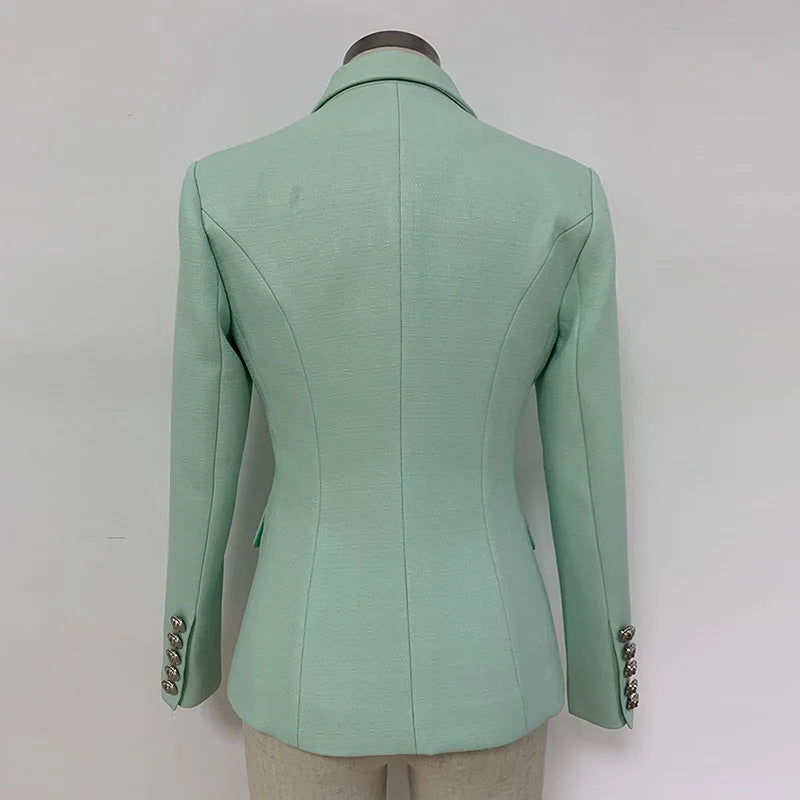 HIGH STREET 2026 Classic Baroque Designer Jacket Women's Metal Lion Buttons Double Breasted Textured Blazer Mint Green