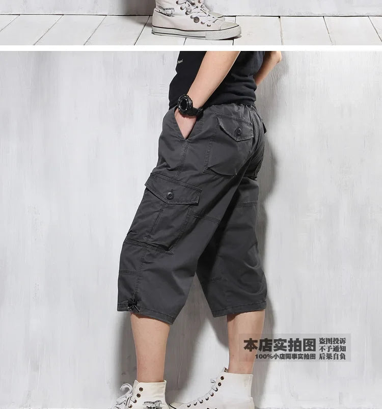 Male Shorts Multi Pocket Summer Loose Zipper Breeches Khaki Grey Plus Size Short Pant Casual Cotton Black Long Mens Cargo Shorts