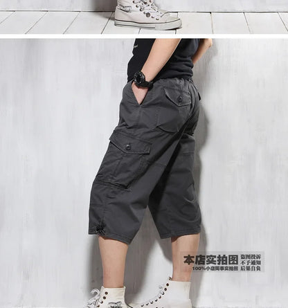 Male Shorts Multi Pocket Summer Loose Zipper Breeches Khaki Grey Plus Size Short Pant Casual Cotton Black Long Mens Cargo Shorts