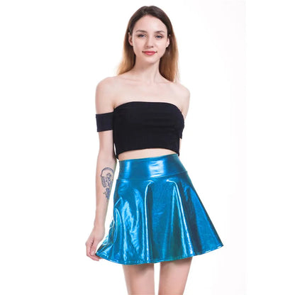 PU Shiny Metallic Color Sexy Bodycon Mini Skirts Women High Waist A-line Flare Skirt New Fashion Summer Streetwear Short Skirts