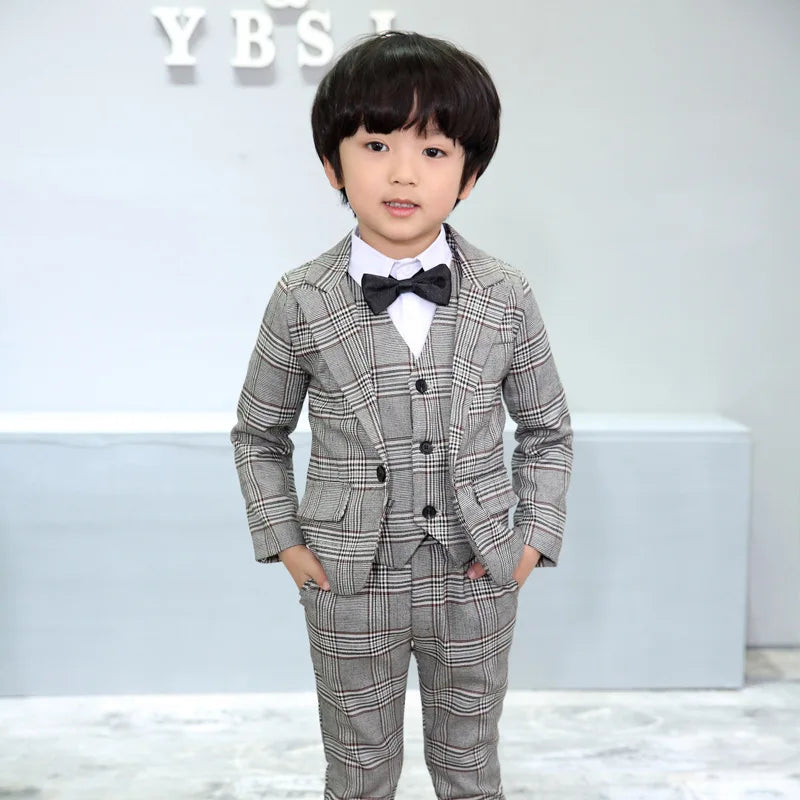 Flower Boys Formal School Suits for Weddings Boys Brand Plaid Blazer Vest Pants 3pcs Tuxedo Kids Prom Party Dress Clothing Sets