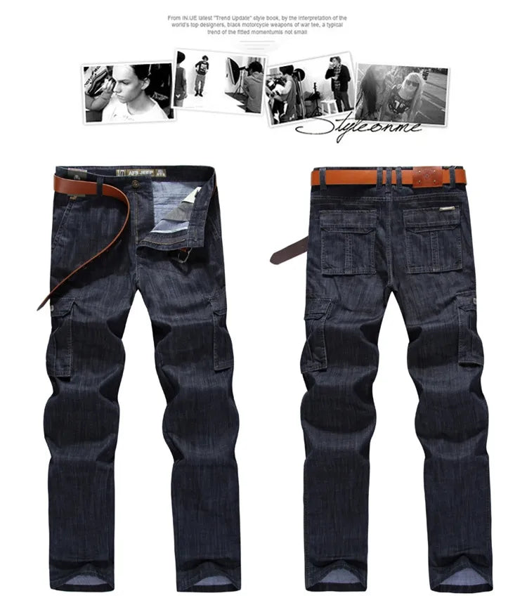 Men's Military Jeans Pants Workwear Multi-Pockets Cargo Jeans Straight Motorcycle Denim Pants Casual Biker Long Trousers