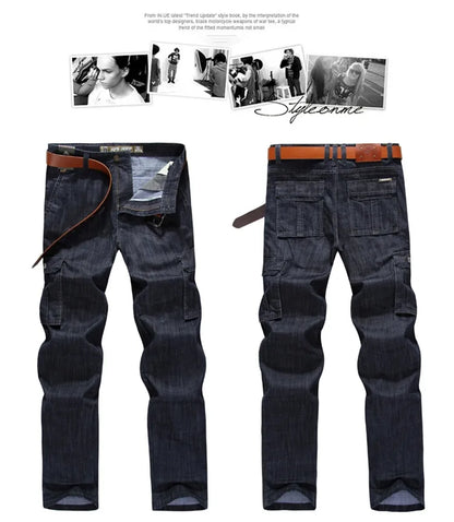 Men's Military Jeans Pants Workwear Multi-Pockets Cargo Jeans Straight Motorcycle Denim Pants Casual Biker Long Trousers