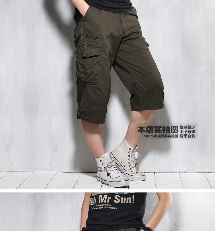 Male Shorts Multi Pocket Summer Loose Zipper Breeches Khaki Grey Plus Size Short Pant Casual Cotton Black Long Mens Cargo Shorts